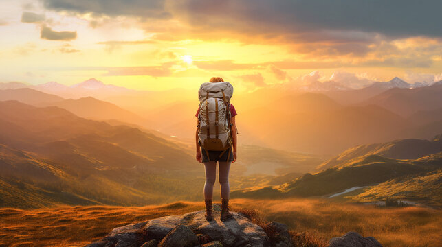 Young woman with backpack standing on the top of mountain and looking at the sunset. Freedom and travel. Human hiker with backpack standing on top of a mountain and enjoying the view. AI generated..