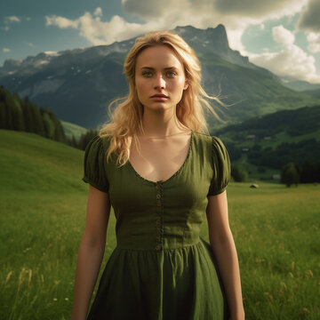 Portrait of young beautiful woman in green dress on the background of mountains. Fashion outdoor photo of beautiful sensual woman with blond hair in elegant green dress posing in meadow.  AI generated