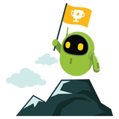 Illustration of green robot at the top of the mountain with raised flag.