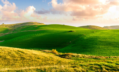 countryside green field during sunrise of sunset in warm light. beautiful spring landscape in the mountains. grassy field and hills. rural scenery