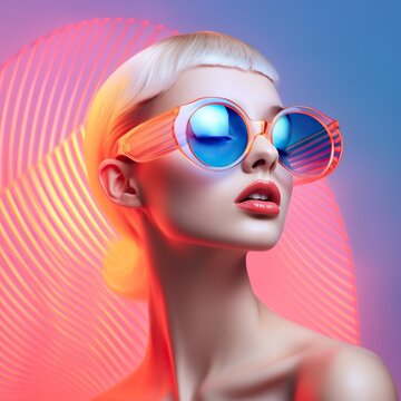 Beautiful blonde woman in neon pastel pink yellow orange colors. Summer theme; beach; glasses; sofisticated and gentle.
