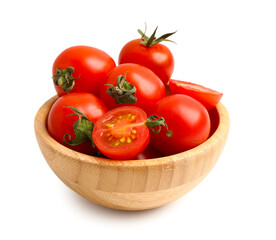 Wooden bowl with fresh cherry tomatoes on white background
