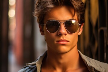 A close - up shot of a confident young man wearing stylish sunglasses. Generative AI