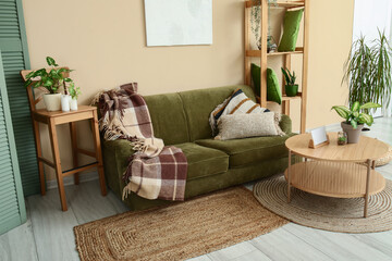 Interior of living room with cozy green sofa, wooden coffee table and shelving unit