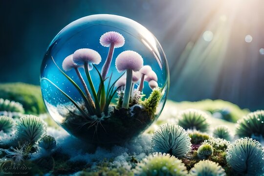 Epic Photo of an alien orchid in glass sphere, blue mushroom with cilia , beautiful bavckground ai generated images 