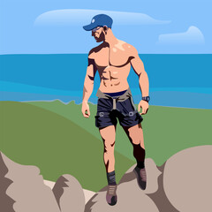 Man in mountain adventure. Muscular man, in the mountains against the backdrop of the sea.
