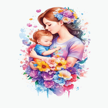 Watercolor Art Design of Mother Holding Baby with Great Affection
