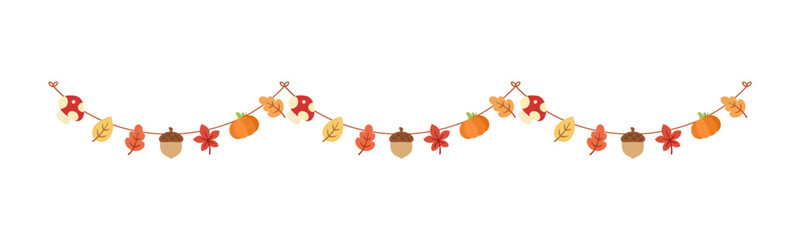 Autumn garland, graphic elements for Fall and Thanksgiving season. Vector isolated on white background.