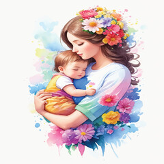 Obraz na płótnie Canvas Watercolor Illustration of Mother and Child in a Serene Moment