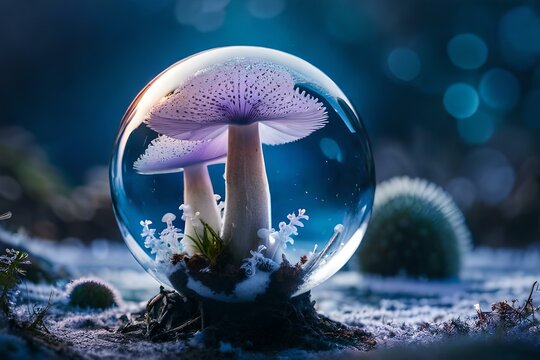 Epic Photo Of An Alien Orchid In Glass Sphere, Blue Mushroom With Cilia , Beautiful Bavckground Ai Generated Images 