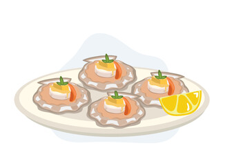 King scallop in shell with butter lemon spicy sauce on plate. vecrtor cartoon illustration