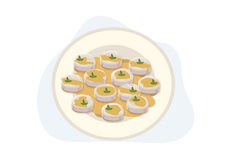 King scallop in shell with butter lemon spicy sauce on plate. vector cartoon illustration