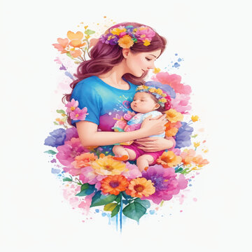 Watercolor Artwork of Mother and Baby in a Heartwarming Scene for Photo Stock of Tender Love