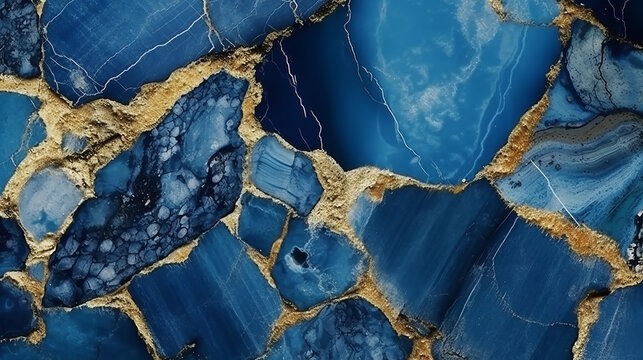 Generative AI. Sapphire blue marble stone with gold vein. Vivid graphite texture geode wallpaper background