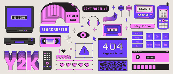  Nostalgia for 1990s -2000s. Retro pc user interface in trendy y2k. Isolated background. Flat style. Icon (sticker) set in retro style. Old computer aestethic elements, TV, mobile phone, headphones. © Katya