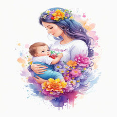 Obraz na płótnie Canvas Watercolor Artwork of Mother Holding Baby Close for Photo Stock of Mother's Warmth