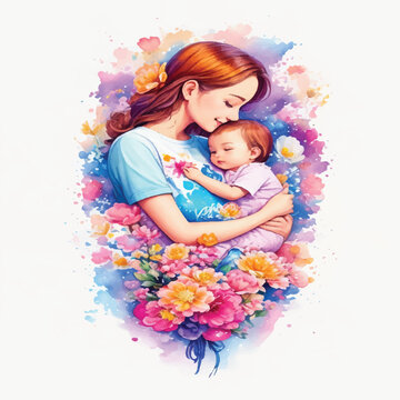 Watercolor Illustration of Mother and Child Sharing a Special Moment for Photo Stock of Endearing Connection