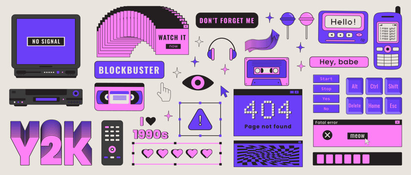  Nostalgia For 1990s -2000s. Retro Pc User Interface In Trendy Y2k. Isolated Background. Flat Style. Icon (sticker) Set In Retro Style. Old Computer Aestethic Elements, TV, Mobile Phone, Headphones.