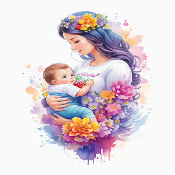 Watercolor Artwork of Mother Holding Baby Close for Photo Stock of Mother's Warmth