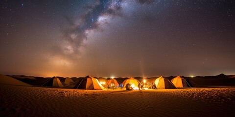 Under a starry sky in the Sahara, Africa. 
The Sahara desert is one of the best places on Earth where you can see the Milky Way. Generative AI.  - obrazy, fototapety, plakaty