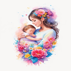 Obraz na płótnie Canvas Watercolor Artwork Depicting Mother and Child in a Radiant Scene of Radiant Love