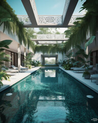 Spacious luxury villa indoor pool area decorated with green plants