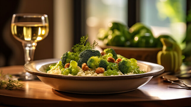 Generative AI, Generativ, KI, Vegan, Romanesco-Pfanne mit Fregola und Brokkoli, in Mandel Oliven Sauce,