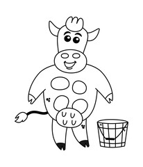 Smiling dairy cow with bucket full of fresh milk on white background for coloring - vector