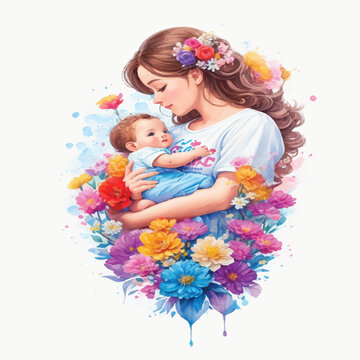 Watercolor Art Design Depicting Mother and Child Bond for Photo Stock