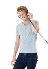 Happy man, headphones and listening to music with smile isolated on a transparent PNG background....
