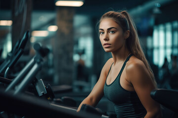 Fototapeta na wymiar Close up of a woman alone in the gym about to work out. Generative AI