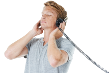 Calm man, headphones and listening to music or meditation podcast isolated on a transparent PNG background. Male person or model with wired headset in relax for radio sound, audio track or streaming