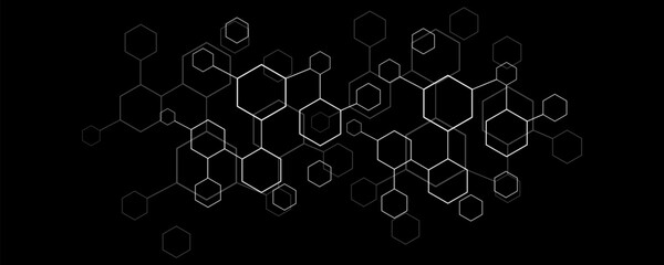 Black vector illustration of hexagons pattern. Geometric abstract background with simple hexagonal elements. Creative idea for medical, technology or science design