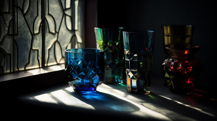 Closeup of colorful glass cups by the window
