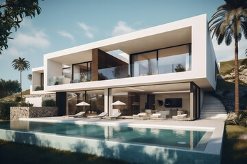 Fototapeta premium Close up of modern designed villa exterior and swimming pool