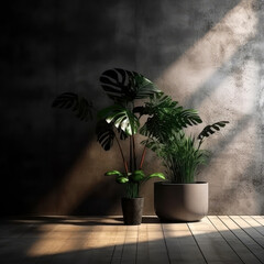 Loft  contemporary interior mockup. Empty spacious apartment, room with concrete texture wall with tropical plants. Overlay shadow effect. Place for text. Minimal background. Generative ai.
