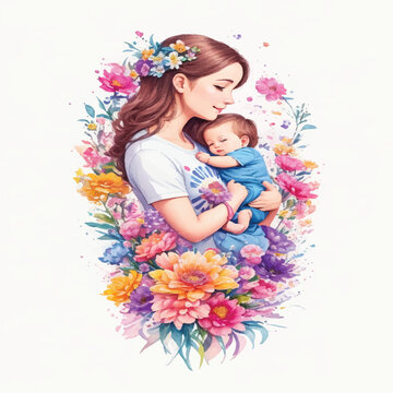 Watercolor Illustration of Mother and Child for Photo Stock of Nurturing Connection