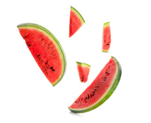 Pieces of fresh watermelon on white background