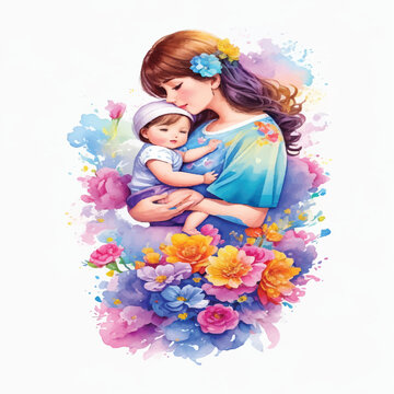 Watercolor Illustration of Mother and Infant for Photo Stock of Blissful Bond