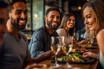 A close-up shot of a group of friends having fun together while dining at the venue. Generative AI