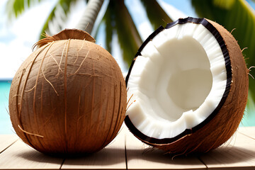 coconuts on a wooden table with palm trees