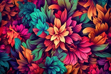 Abstract floral pattern. Blooming flowers on dark background. Deep colors. Generative AI