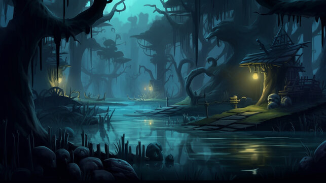 mysterious swamp game background horror rayman legends style HD wallpaper