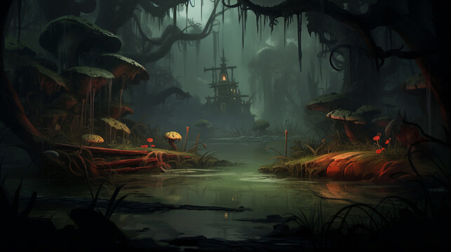 mysterious swamp game background horror rayman legends style HD wallpaper