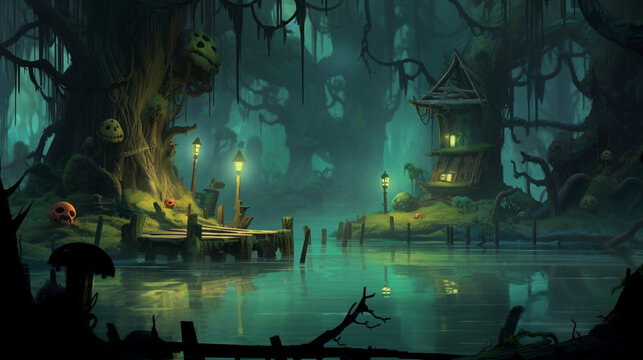 mysterious swamp game background horror rayman legends style HD wallpaper © Yasir