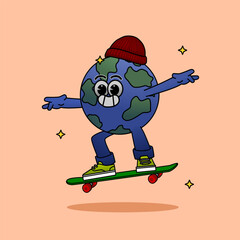 A globe playing skateboard illustration vector. Illustration of a globe playing skateboard. Globe jumping on a skateboard illustration vector.