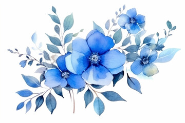 Watercolor painting of blue flowers and leaves isolated on white background created with Generative AI technology