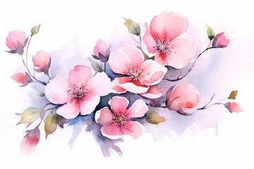 Watercolor painting of  pink spring blossom isolated on white background created with Generative AI technology