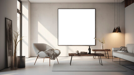 Empty picture frame mockup hanging on the wall of a minimalist room interior, generated by AI