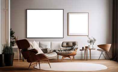 Two empty picture frame mockup hanging on the wall of a minimalist room interior, generated by AI